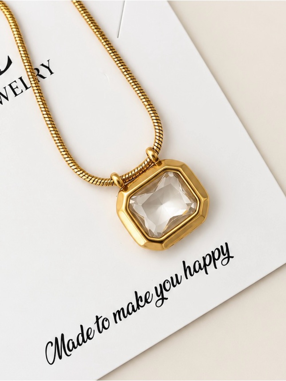 Stainless Steel Snake Chain Square Crystal Pendant Necklace Adjustable